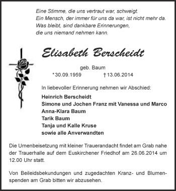 Anzeige von Elisabeth Berscheidt von  Blickpunkt Euskirchen 