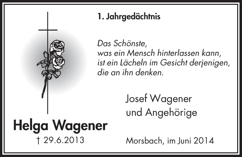  Traueranzeige für Helga Wagener vom 25.06.2014 aus  Lokalanzeiger 