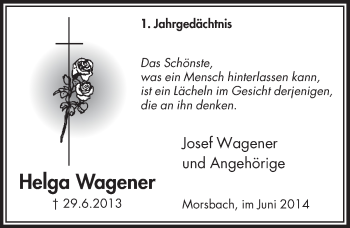 Anzeige von Helga Wagener von  Lokalanzeiger 
