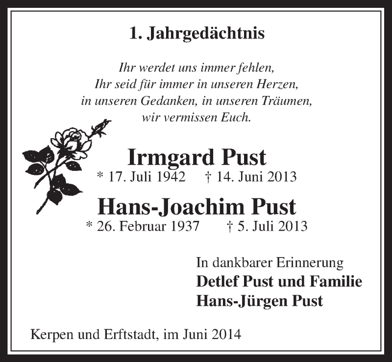  Traueranzeige für Irmgard und Hans-Joachim Pust vom 25.06.2014 aus  Werbepost 