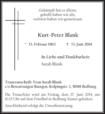 Anzeige von Kurt-Peter Blank von  Werbepost 