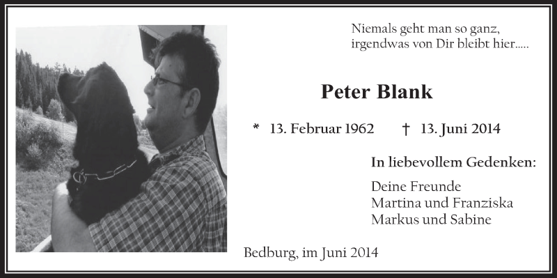  Traueranzeige für Peter Blank vom 25.06.2014 aus  Werbepost 