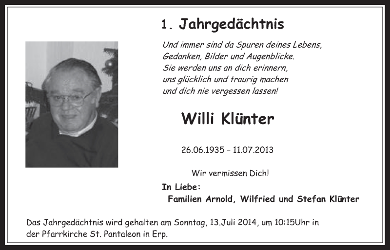  Traueranzeige für Willi Klünter vom 09.07.2014 aus  Werbepost 