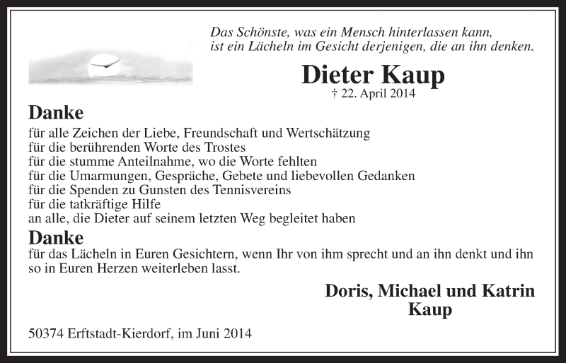  Traueranzeige für Dieter Kaup vom 25.06.2014 aus  Werbepost 