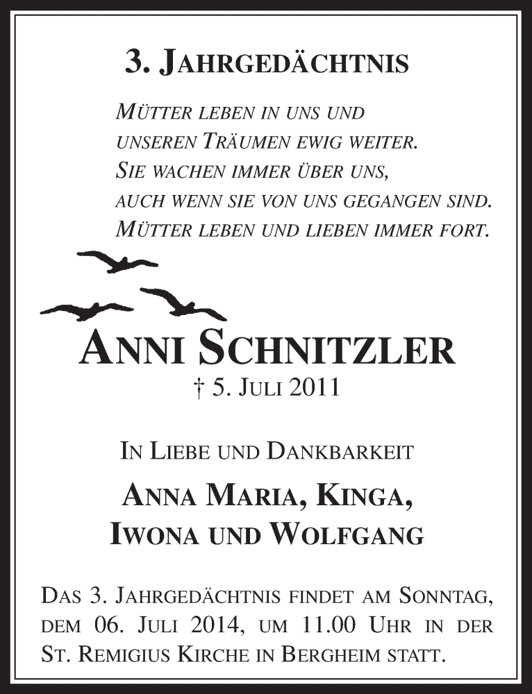  Traueranzeige für Anni Schnitzler vom 02.07.2014 aus  Werbepost 