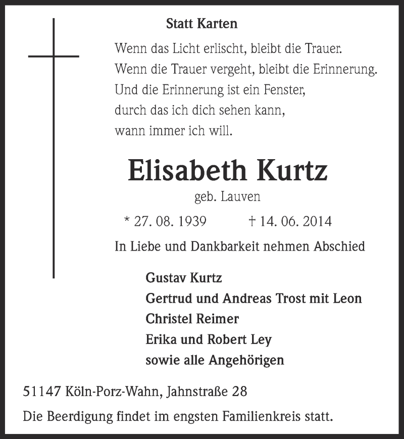  Traueranzeige für Elisabeth Kurtz vom 25.06.2014 aus  Kölner Wochenspiegel 