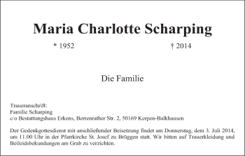 Anzeige von Maria Charlotte Scharping von  Werbepost 