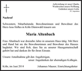 Anzeige von Maria Altenbach von  Kölner Wochenspiegel 