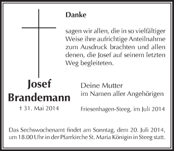 Anzeige von Josef Brandemann von  Lokalanzeiger 