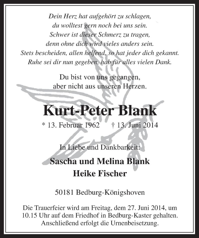  Traueranzeige für Kurt-Peter Blank vom 25.06.2014 aus  Werbepost 