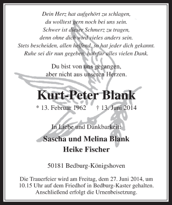 Anzeige von Kurt-Peter Blank von  Werbepost 