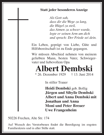 Anzeige von Albert Dembski von  Wochenende 