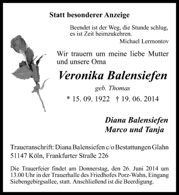 Anzeige von Veronika Balensiefen von  Kölner Wochenspiegel 