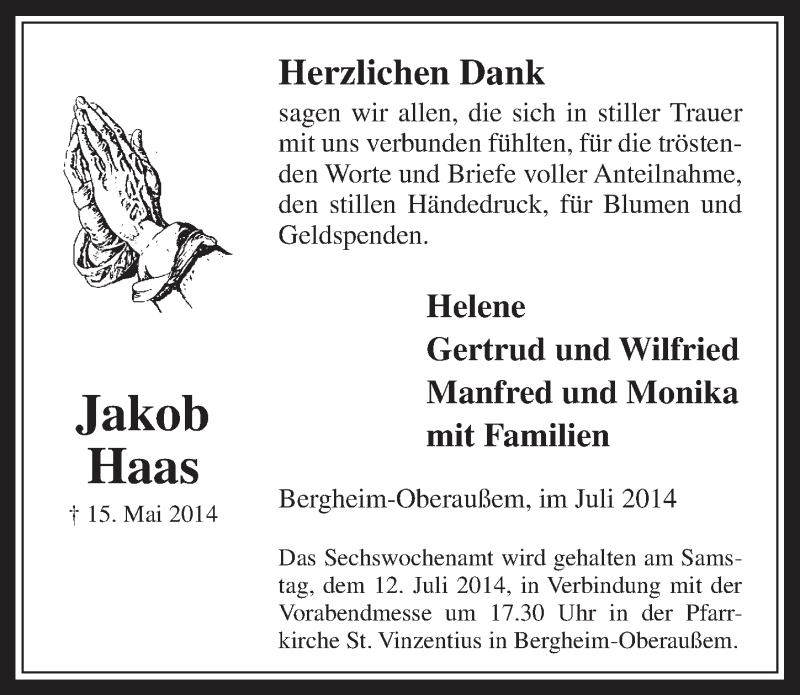  Traueranzeige für Jakob Haas vom 09.07.2014 aus  Werbepost 