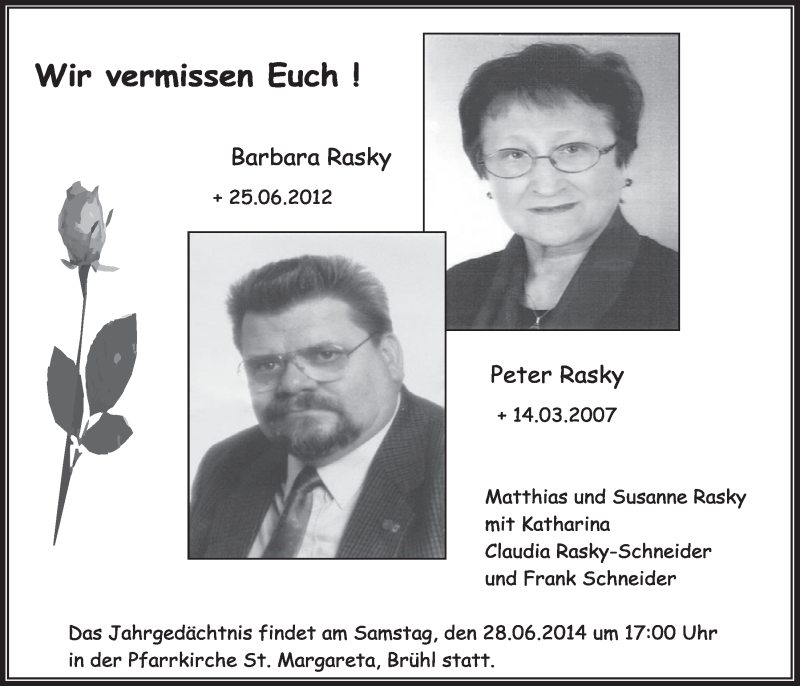  Traueranzeige für Barbara und Peter Rasky vom 25.06.2014 aus  Schlossbote/Werbekurier 