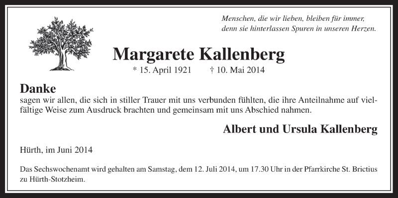 Traueranzeige für Margarete Kallenberg vom 25.06.2014 aus  Wochenende 