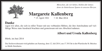 Anzeige von Margarete Kallenberg von  Wochenende 