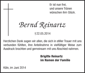 Anzeige von Bernd Reinartz von  Kölner Wochenspiegel 