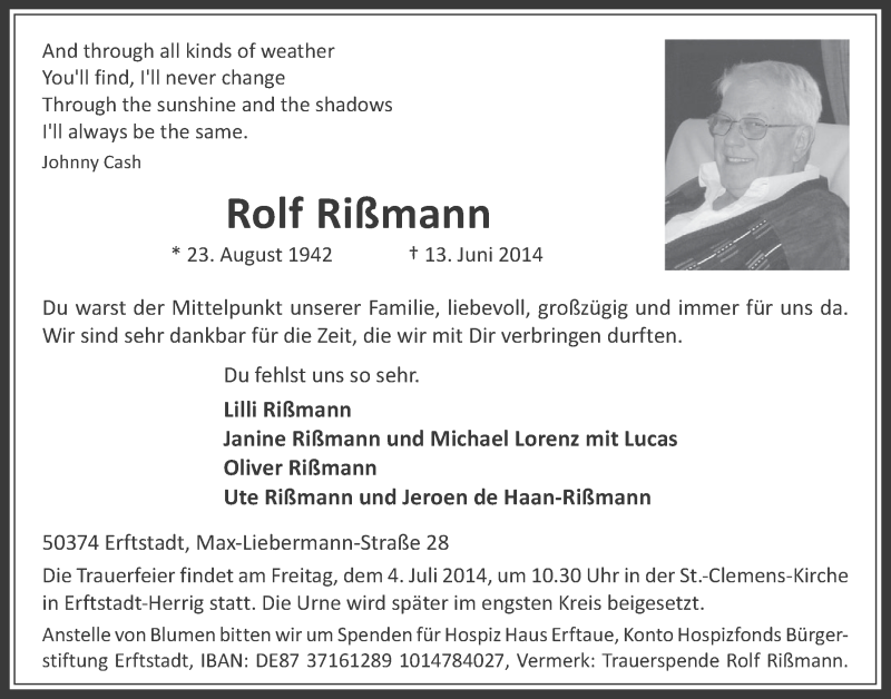  Traueranzeige für Rolf Rißmann vom 25.06.2014 aus  Werbepost 