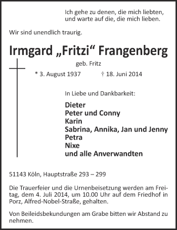 Anzeige von Irmgard Frangenberg von  Kölner Wochenspiegel 