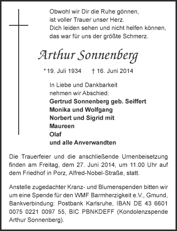 Anzeige von Arthur Sonnenberg von  Kölner Wochenspiegel 