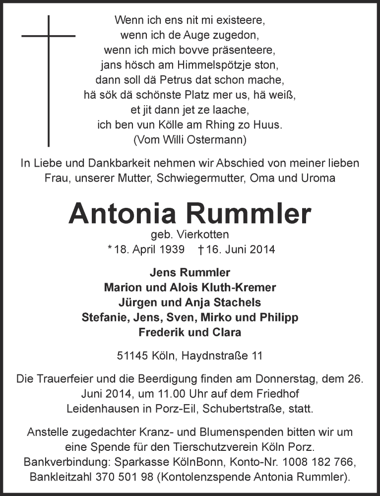  Traueranzeige für Antonia Rummler vom 25.06.2014 aus  Kölner Wochenspiegel 
