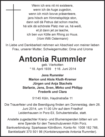 Anzeige von Antonia Rummler von  Kölner Wochenspiegel 