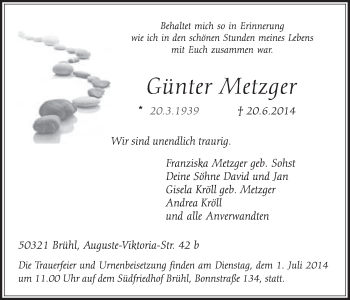 Anzeige von Günter Metzger von  Schlossbote/Werbekurier 