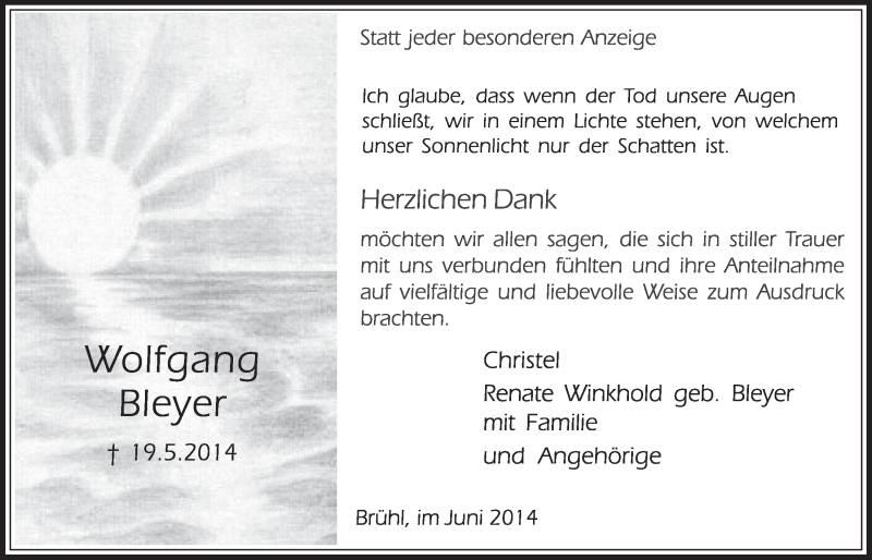  Traueranzeige für Wolfgang Bleyer vom 25.06.2014 aus  Schlossbote/Werbekurier 