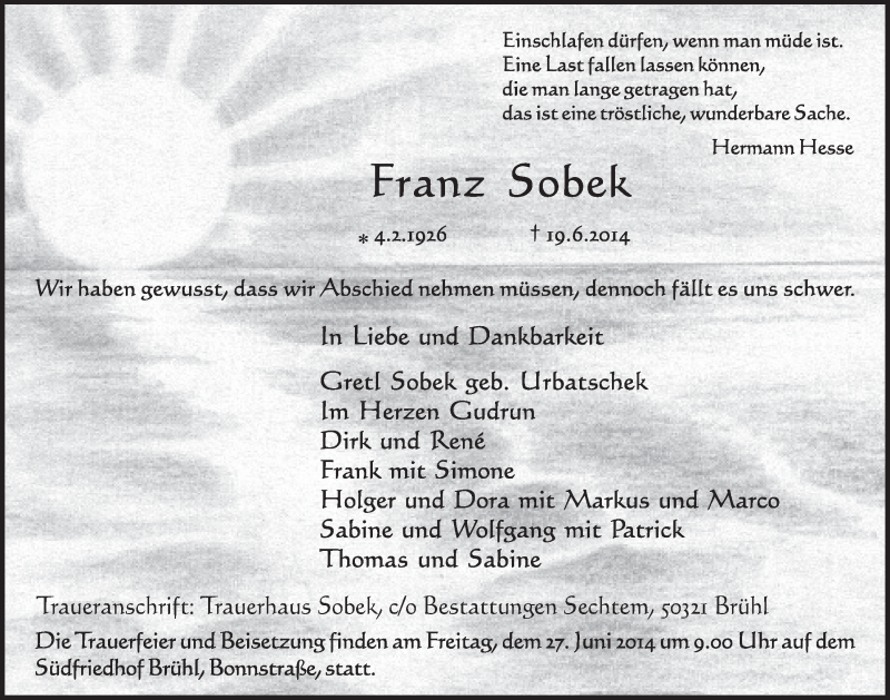  Traueranzeige für Franz Sobek vom 25.06.2014 aus  Schlossbote/Werbekurier 
