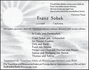 Anzeige von Franz Sobek von  Schlossbote/Werbekurier 
