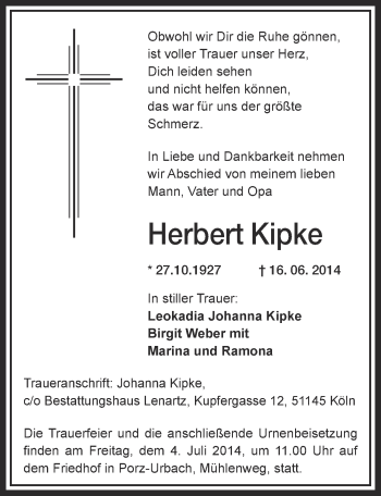 Anzeige von Herbert Kipke von  Kölner Wochenspiegel 