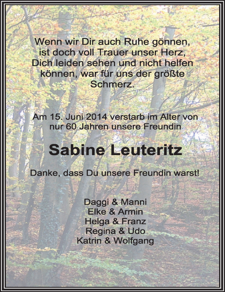  Traueranzeige für Sabine Leuteritz vom 25.06.2014 aus  Schlossbote/Werbekurier 