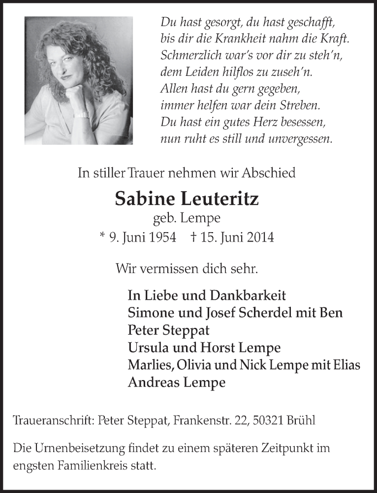  Traueranzeige für Sabine Leuteritz vom 25.06.2014 aus  Schlossbote/Werbekurier 