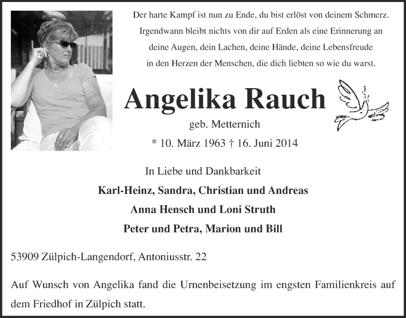  Traueranzeige für Angelika Rauch vom 29.06.2014 aus  Blickpunkt Euskirchen 