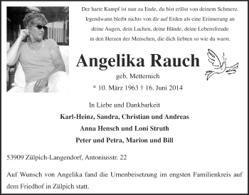 Anzeige von Angelika Rauch von  Blickpunkt Euskirchen 