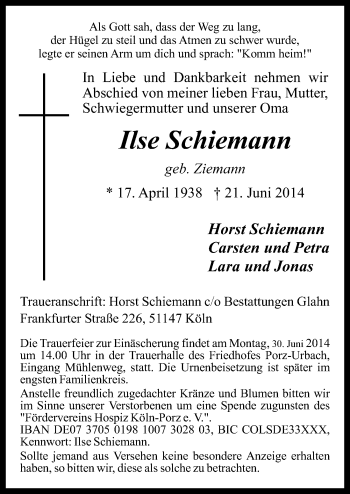 Anzeige von Ilse Schiemann von  Kölner Wochenspiegel 