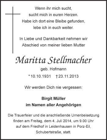 Anzeige von Marina Stellmacher von  Kölner Wochenspiegel 