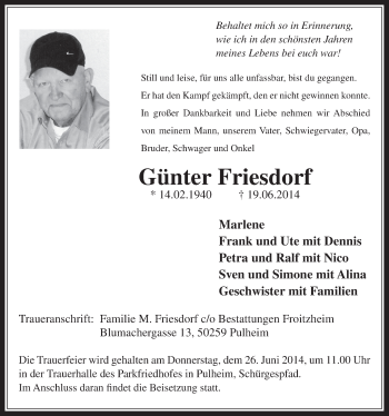 Anzeige von Günter Friesdorf von  Wochenende 