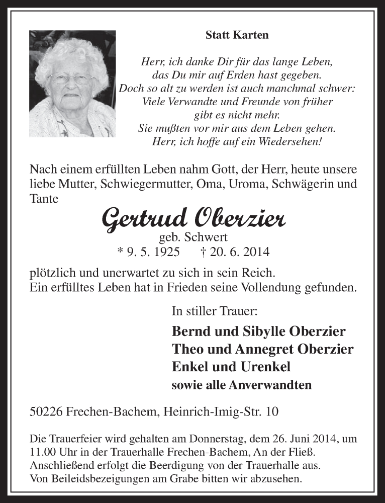  Traueranzeige für Gertrud Oberzier vom 25.06.2014 aus  Wochenende 