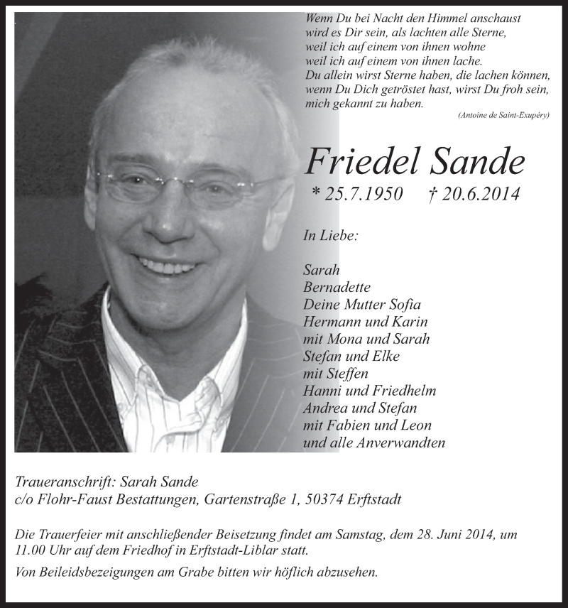  Traueranzeige für Friedel Sande vom 25.06.2014 aus  Werbepost 