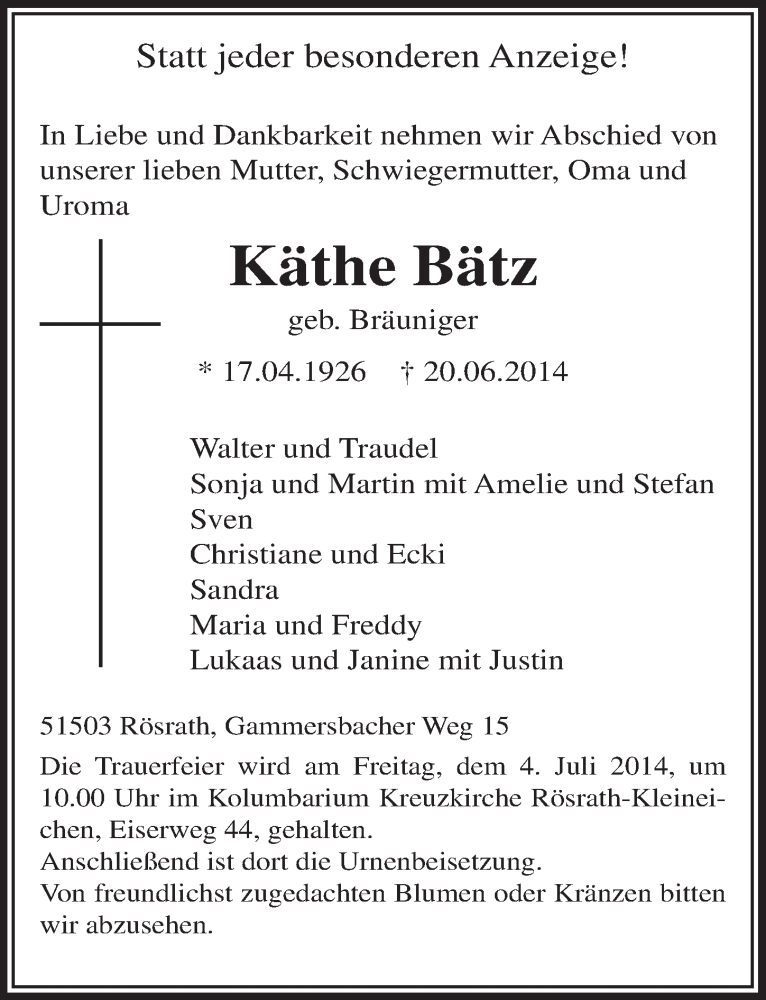  Traueranzeige für Käthe Bätz vom 02.07.2014 aus  Bergisches Handelsblatt 