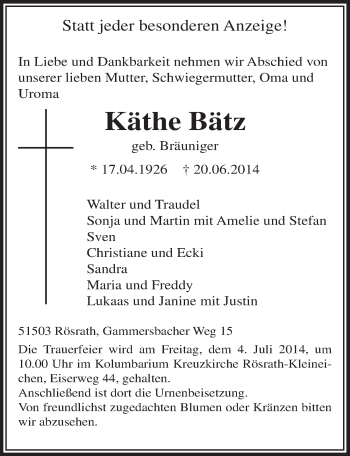 Anzeige von Käthe Bätz von  Bergisches Handelsblatt 