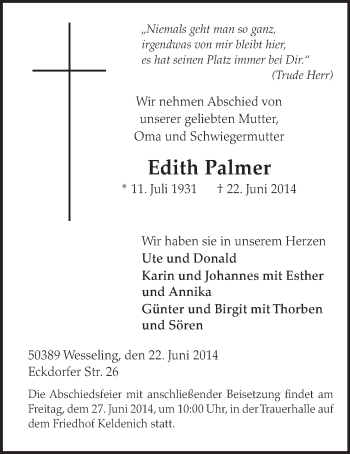 Anzeige von Edith Palmer von  Schlossbote/Werbekurier 