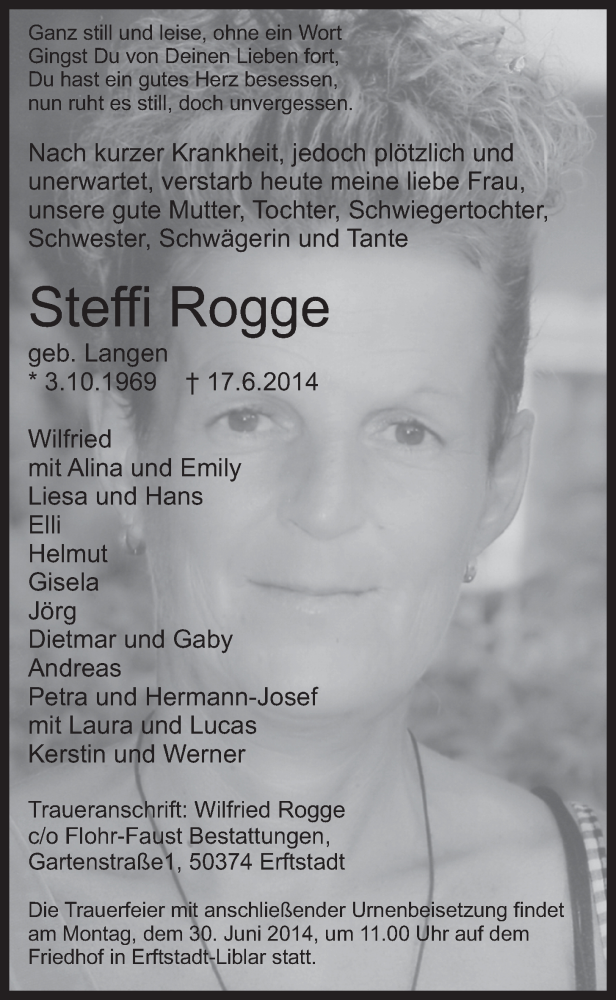  Traueranzeige für Steffi Rogge vom 25.06.2014 aus  Schlossbote/Werbekurier 