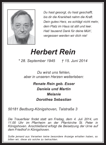 Anzeige von Herbert Rein von  Werbepost 