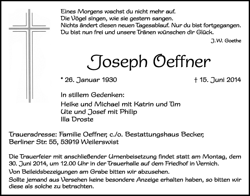  Traueranzeige für Joseph Oeffner vom 25.06.2014 aus  Schlossbote/Werbekurier 