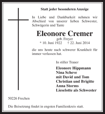 Anzeige von Eleonore Cremer von  Wochenende 