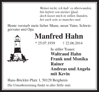 Anzeige von Manfred Hahn von  Werbepost 