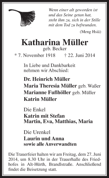 Anzeige von Katharina Müller von  Wochenende 